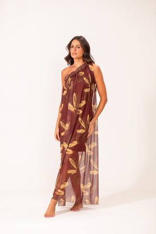 Vestido Um Ombro Macramê Camomila Telha