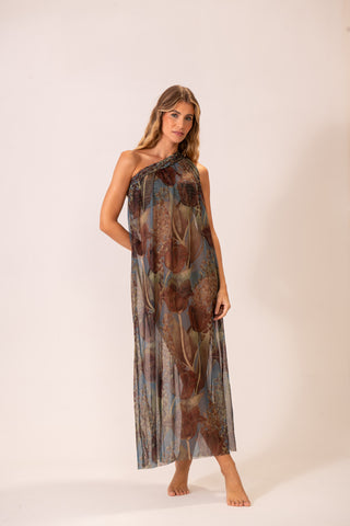 Vestido Um Ombro Macramê Folha de Céu