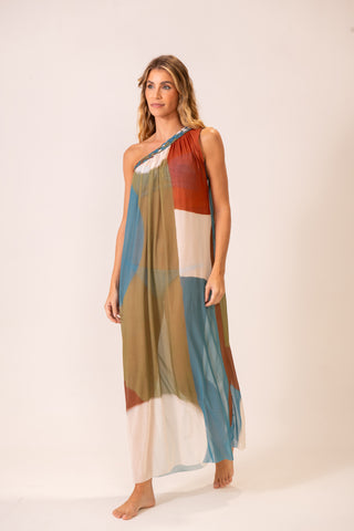 Vestido Um Ombro Macramê Compose Folha de Céu