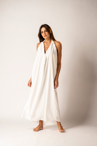 Vestido Gota Macramê Cetim Off White