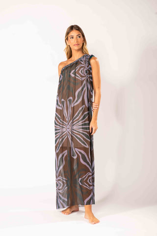 Vestido Um Ombro Macramê Pétala Petróleo