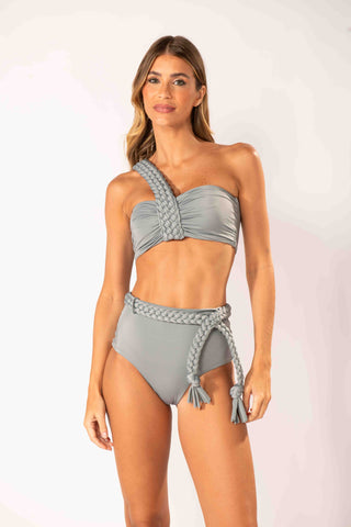 Conjunto Faixa Um Ombro Macramê Gris