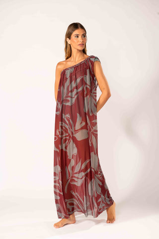 Vestido Um Ombro Macramê Violete Cinza