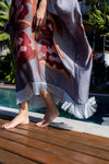 Kaftan Um Ombro Franja Cetim Compose Violete Cinza