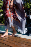 Kaftan Um Ombro Franja Cetim Compose Violete Cinza