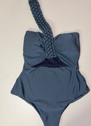 Maiô Faixa Um Ombro Macramê Azul Acinzentado