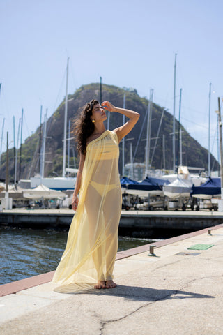 Vestido Um Ombro Macramê Amarelo Camomila
