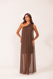 Vestido Um Ombro Macramê Tule Chocolate