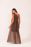 Vestido Um Ombro Macramê Tule Chocolate
